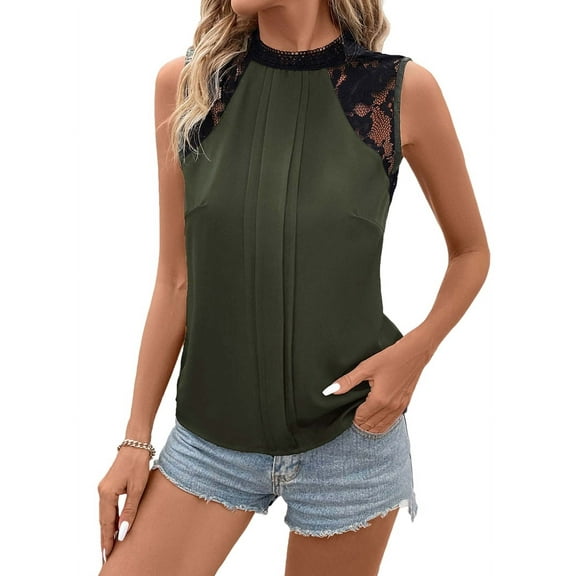 Women'S Lace Sleeveless Tops Pleated Summer Tank Tops 2025 Dressy Casual Sleeveless Shirts Blouse Green S