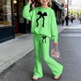 thumbnail image 2 of Girls 2 Piece Pants Set Bow Print Casual Girl Clothes Girls Outfits Size 8 Long Sleeve Sweatshirt with Flare Leg Pants(Size 9-10 Years,Green), 2 of 4