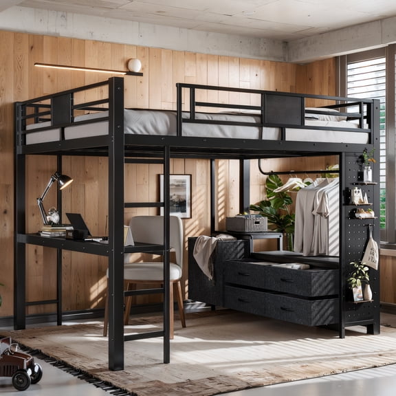 Luckynote Queen Size Loft Bed with Desk & Shelves, Black Metal Loft Bed Frame with clothesline pole, Storage pegboard, laundry bag,Space-Saving Adult Loft for Dorms, Bedroom,Black