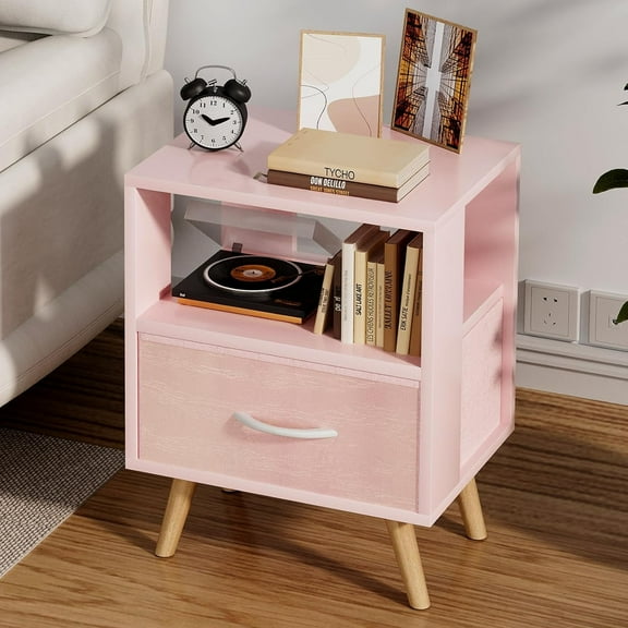 Night Stand, Pink Kids Nightstand with Drawer, Nursery Side Table with Open Storage, 2-Tier Modern End Table, Bedside Table for Small Space, Living Room, Bedroom
