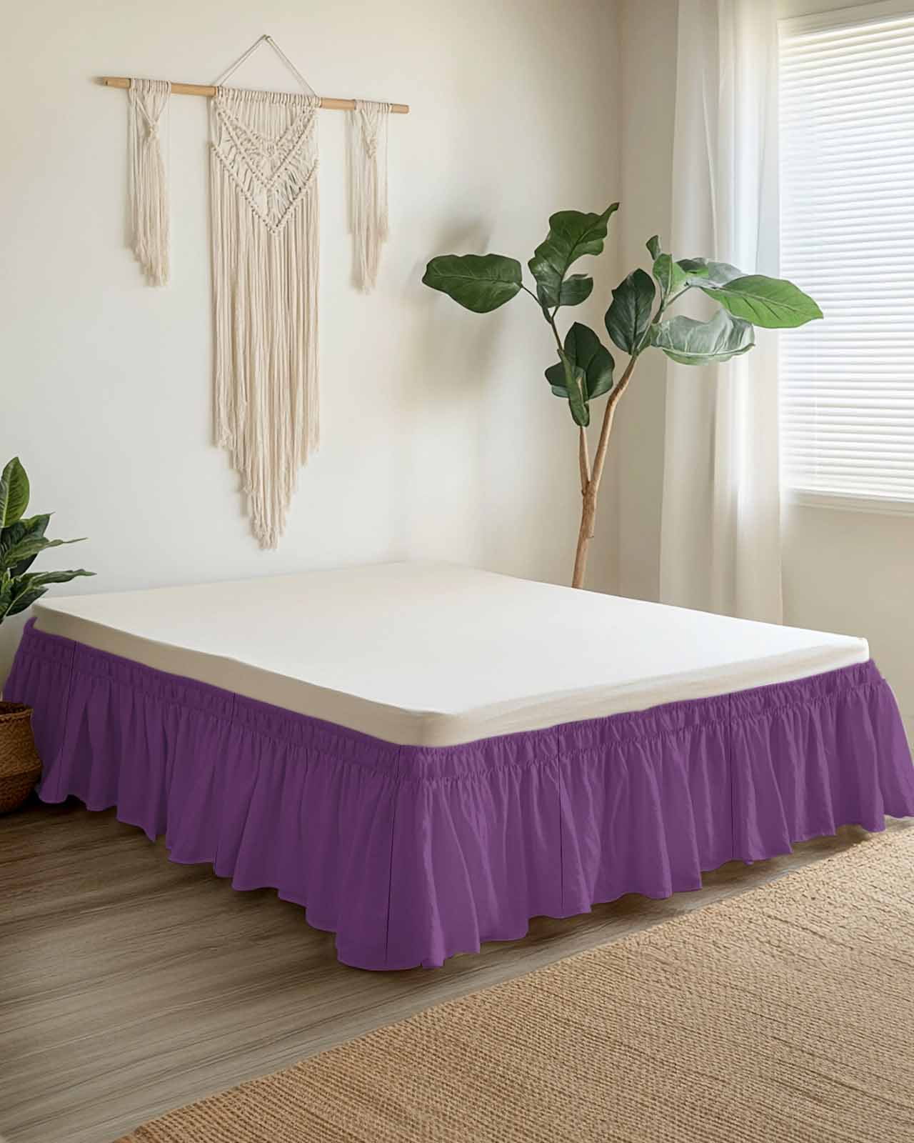 Purple Ruffle Bed Skirt Queen Size Simple Background Modern Solid Color Monochrome Adjustable Elastic Dust Bed Skirts Wrap Around Bedskirt Wrinkle Free Easy Fit with 18 Inch Drop