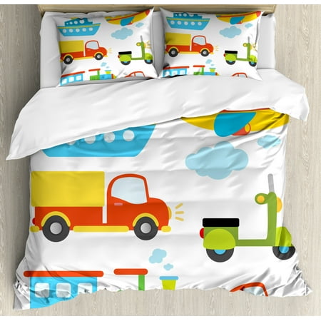 3 Piece Scooter - Boy's King Size Duvet Cover Set, Abstract Transportation Types for Toddlers Car Ship Truck Scooter Train Aeroplane, Decorative 3 Piece Bedding Set with 2 Pillow Shams, Multicolor, by Ambesonne