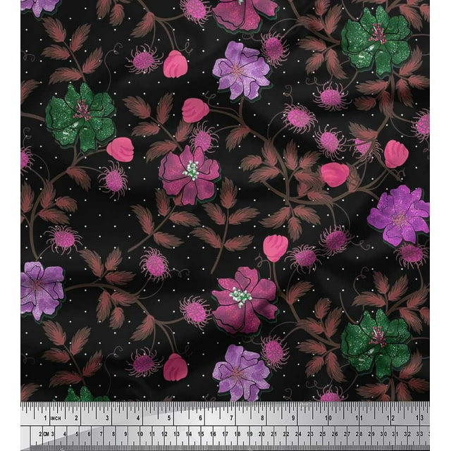 Soimoi Modal Satin Fabric Dot,Leaves & Flower Print Sewing Fabric Yard 42 Inch Wide