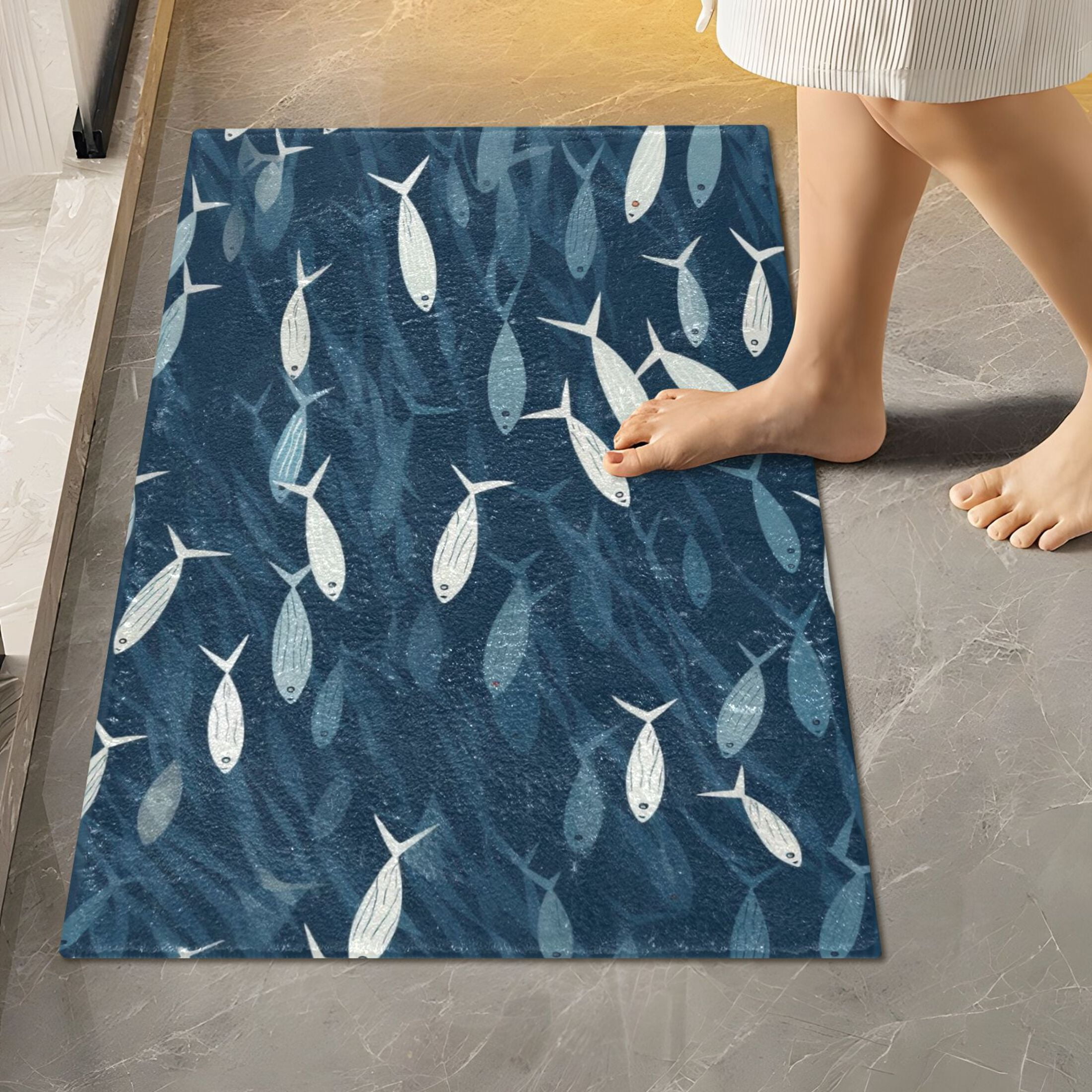 Toilet Rug Set Non-Slip Bathroom Rugs Soft Plush Machine Washable Contour Bath Mat Small Fish Swimming 24x20/24x16