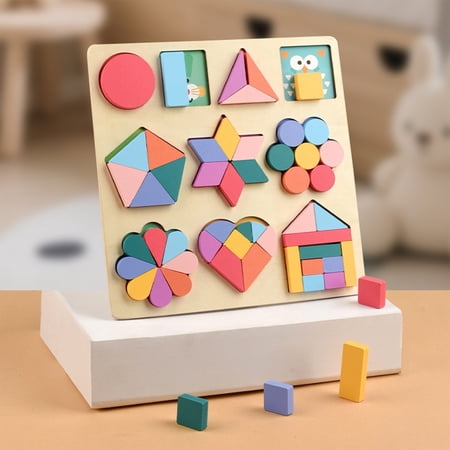 Eolstice Early Education Geometry Puzzle Board Wooden Shape Building Blocks Math Teaching Toy for Boys and Girls Enlightenment Learning Skill Development Educational Fun(A)