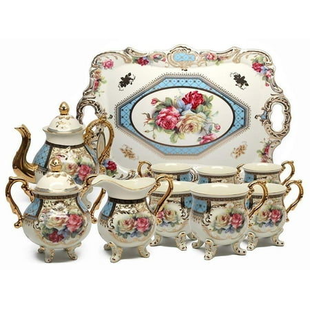 - Royalty Porcelain 10pc BLUE Vintage Floral Dining Tea Cup SET for 6, 24K Gold