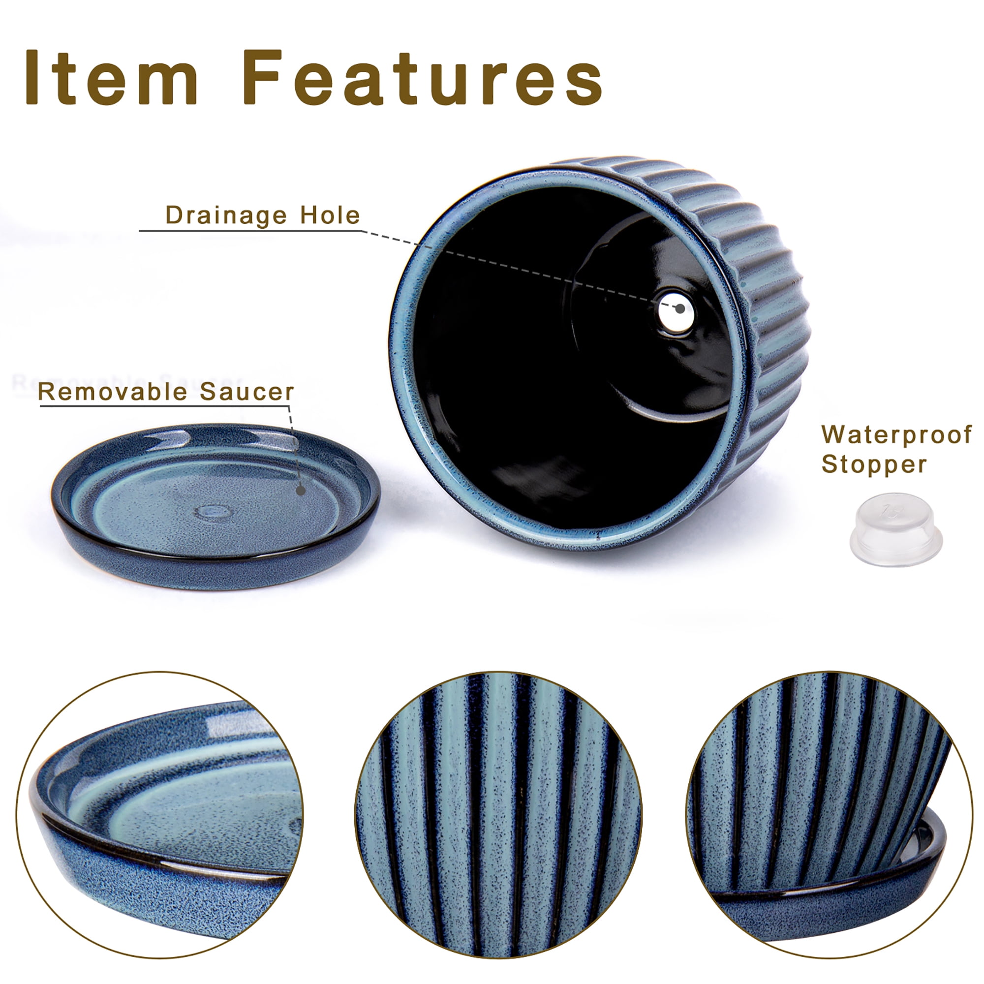 2 Pcs Ceramic Pots 4.9 &5.7 inch Plant Flowers Pots with Saucer and Drainage Holes Blue White Vertical Stripe(Plants are NOT Included)