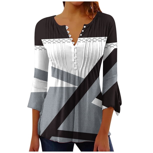 Blusas de Algodón para las Mujeres Impresas 3/4 Mangas V-Cuello Camiseta, Blusa de Algodón de Imitación Casual para las Mujeres