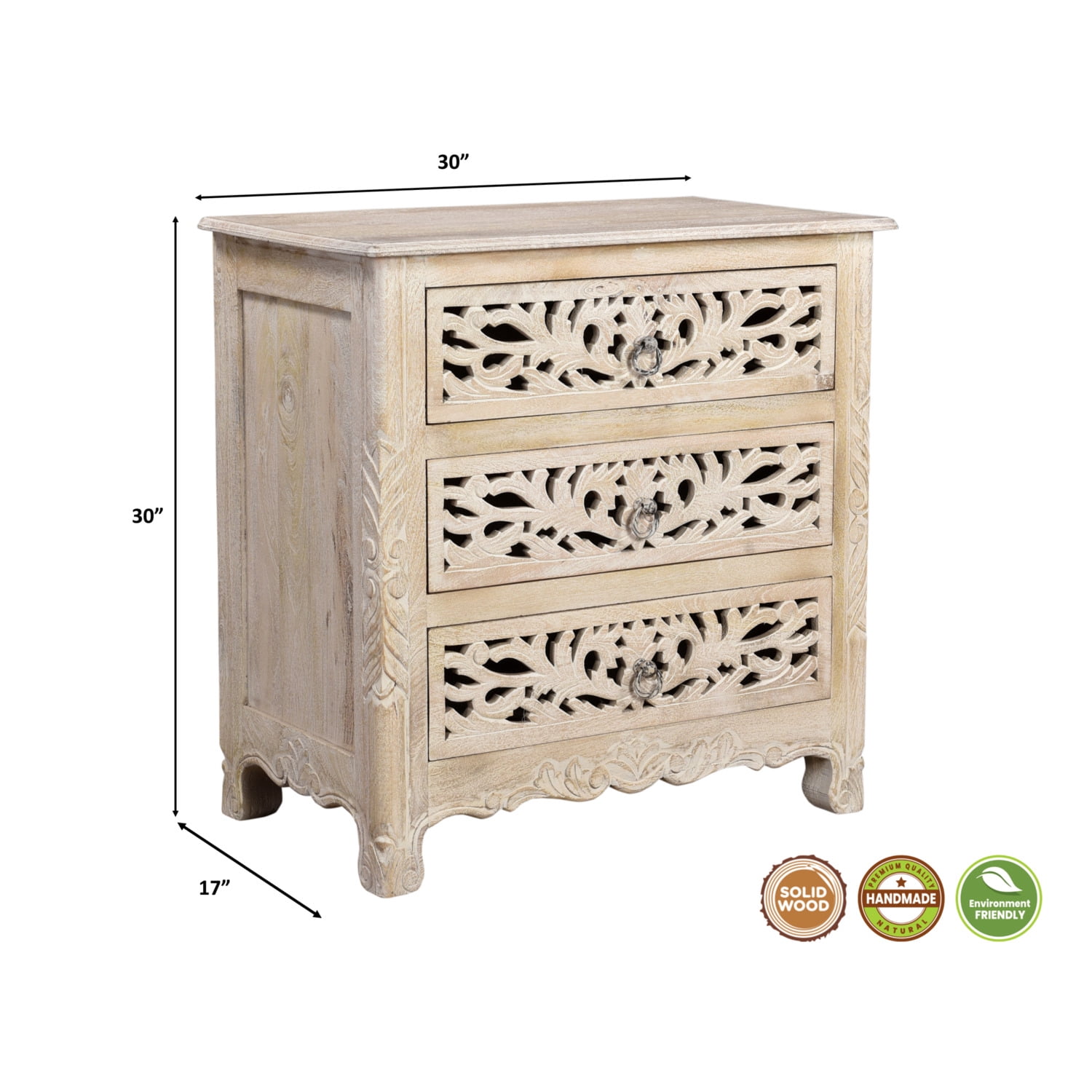Taran Designs Monte Floral Carved Solid Wood 3-Drawers Nightstand in White