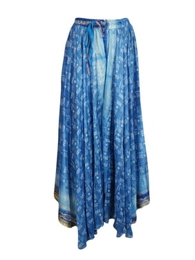 Mogul Women Blue Maxi Skirt Wide Leg Full Flare Vintage Paisley Print Silk Sari Divided Uneven Gypsy Hippie Chic Long Skirts S