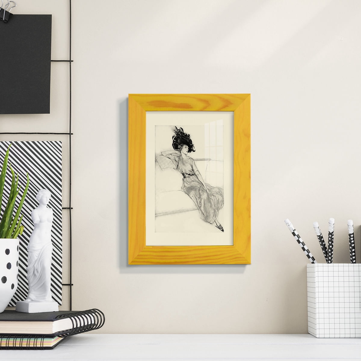 Feather Hat I -Framed Print w/glass-Sunflower Yellow