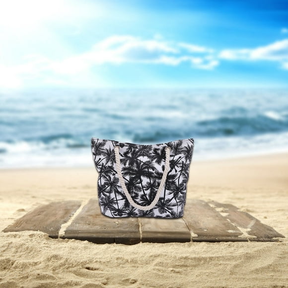Dvkptbk Beach Bag Black Print Coco-nut Tree Pattern Summer Large Beach Tote Bag Travel Canvas Handbag Zipper Closure Shoulder Bag Beach Pocket Clothing & Closet Storage on Clearance