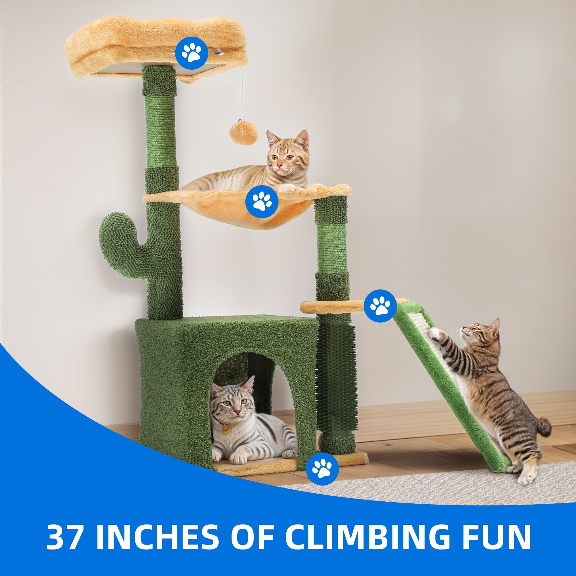Dextrus 37" Tall Cactus Cat Tree Tower,Indoor Cat Condo with Self-Grooming Brush, Plush Platform, Hammock, Sisal Scratching Posts, and Toy Balls,Green