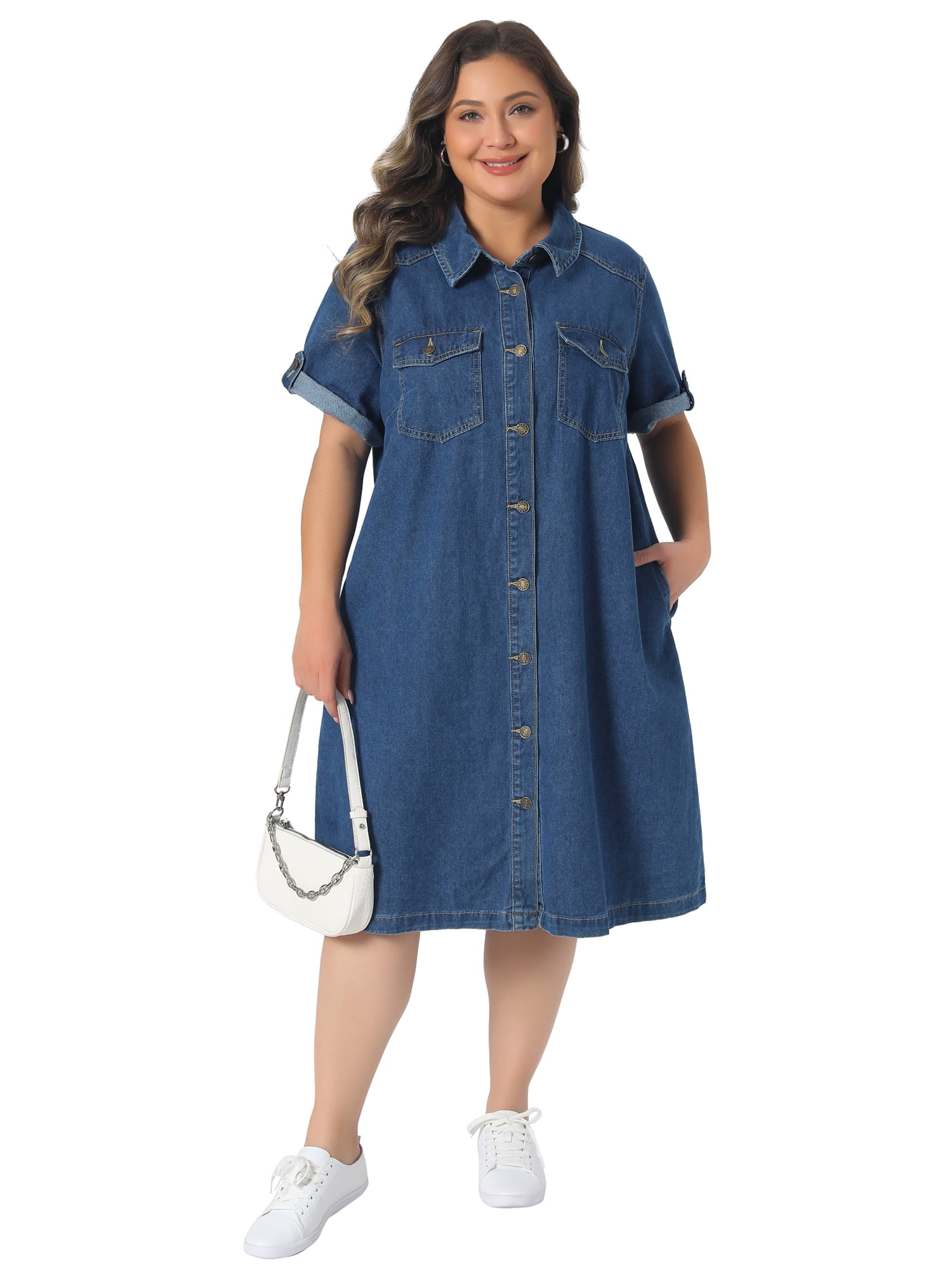 DARING DIVA Women's Plus Denim Button Down Short Sleeve Dress 3X Blue
