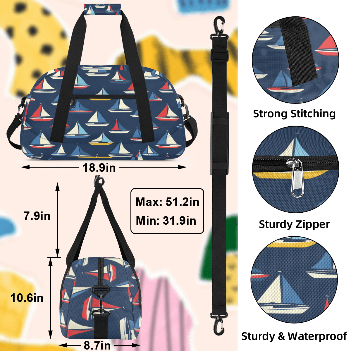Herdesigns Ocean Sailboat Sports Duffle Bag for Women & Men, Gym Bag Dance Bag Overnight Bag Carry On Weekender Travel Bag