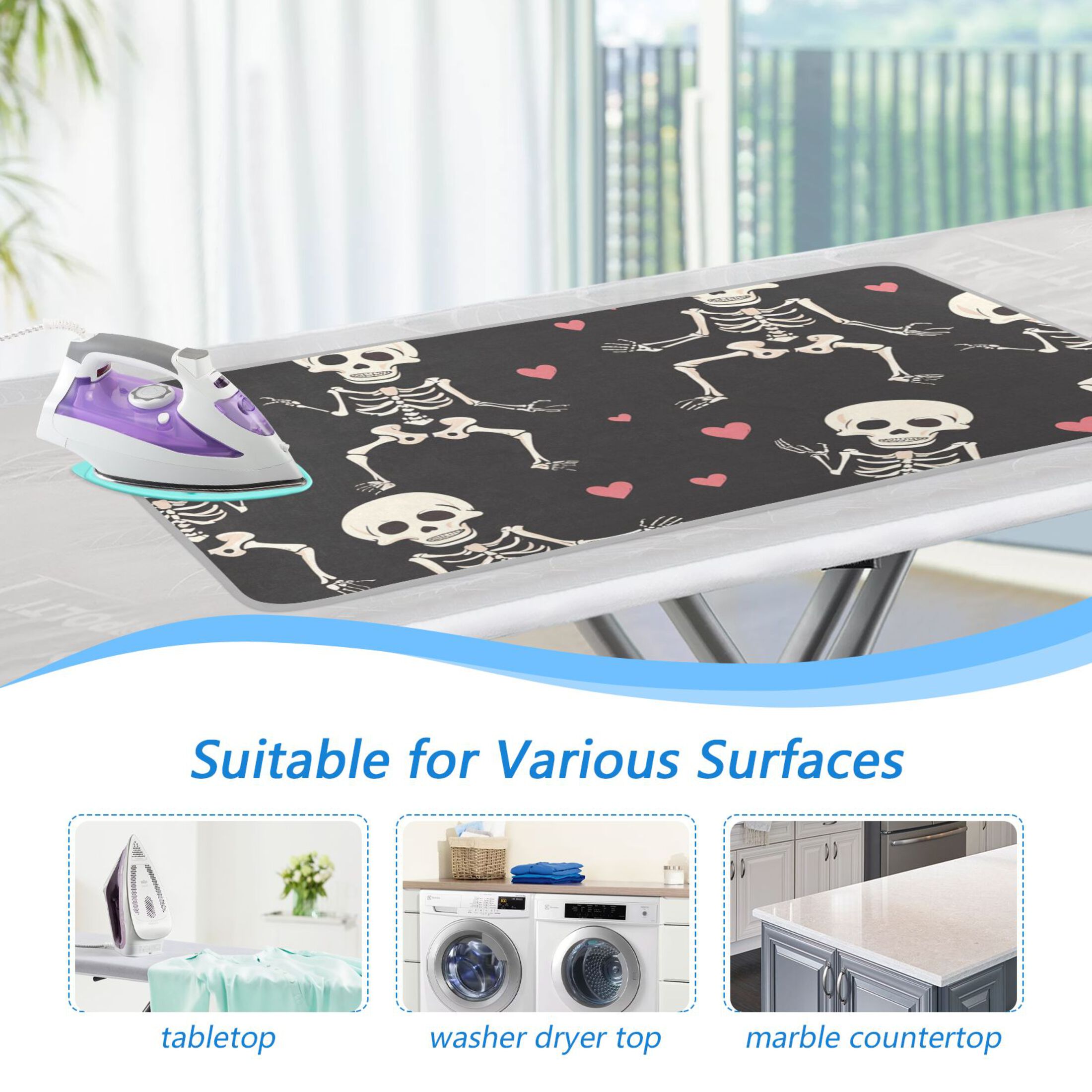 Skeleton and Cute Hearts Ironing Mat Blanket Portable Travel Ironing Pad Heat Resistant Pad 47.2" x 27.6”