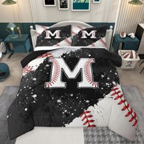 jejeloiu Letter M Monogrammed Full Size Comforter Sets,Baseball Sport Game Bedding Comforter Set,Black Splashing Ink Bedding Sets For Girls,Microfiber Room Decorative Reversible,3pcs