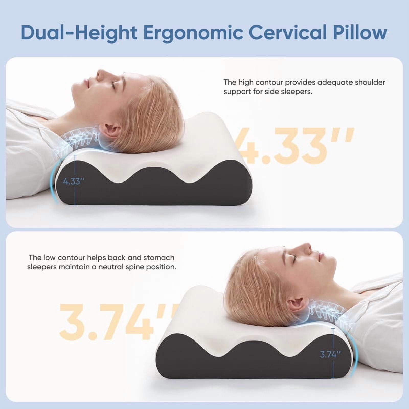 Kelno Memory Foam Pillow Ergonomic Cervical Contour Support with Dual Height Breathable Cooling Washable Cover for Side, Gray
