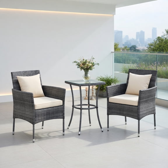 Yardi Yard 3 Pieces Furniture Set with Heavy-Duty Metal Frame, PE Wicker Furniture Set with Cushioned Patio Chairs and Tempered Glass Coffee Table, Patio Furniture Set for Outdoor, White