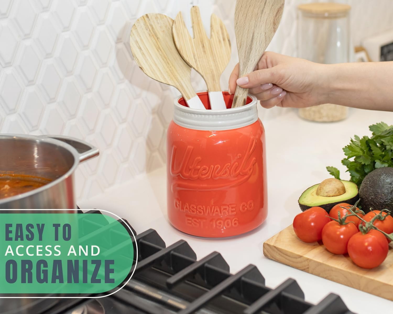 Comfify Ceramic Mason Jar Utensil Holder Countertop Crock, Coral