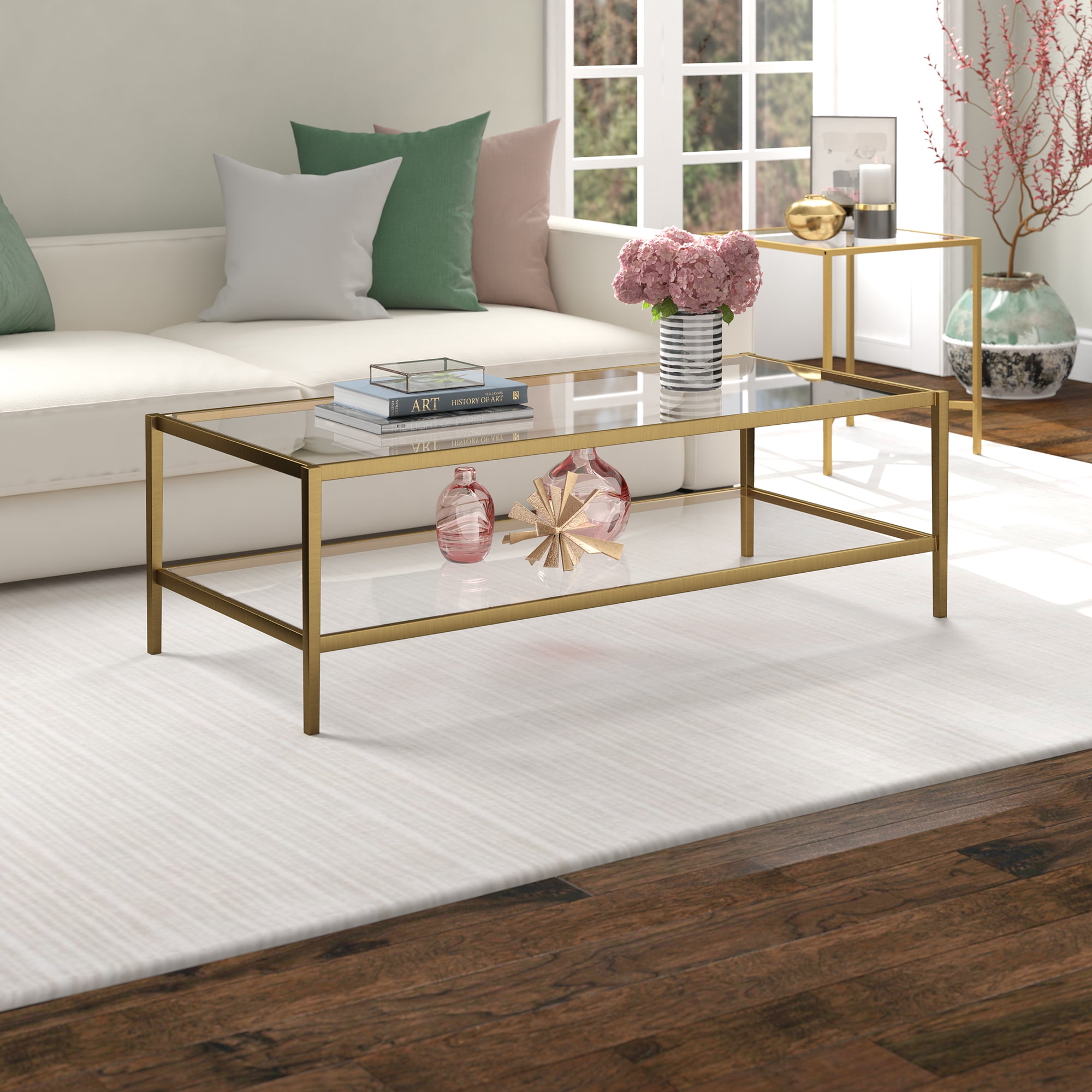 Evelyn&Zoe Hera 54" Wide Rectangular Coffee Table with Glass Shelf, Antique Brass