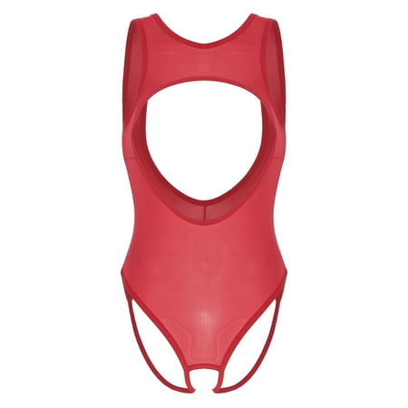 Eandarui Women Sexy Hollow Out Bodysuit Cutout Open Bust Leotard See-through Swimwear Nightwear Red One Size