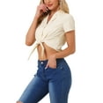 thumbnail image 4 of CAMISA CORTA DE MUJER CON RAYAS Y BOTONES, MANGA CORTA, CON NUDO EN LA PARTE FRONTAL, TALLA XL, BEIGE, 4 of 6