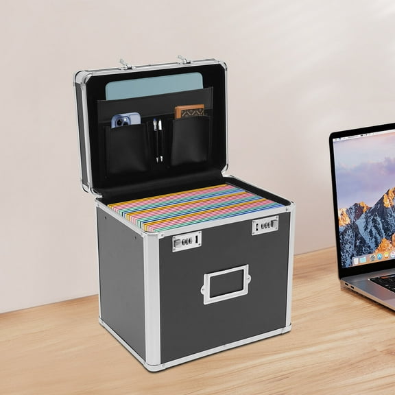 Modern Large Portable Locking Storage Box for Filing Letters & Documents w/Lock Black for Homes, Offices