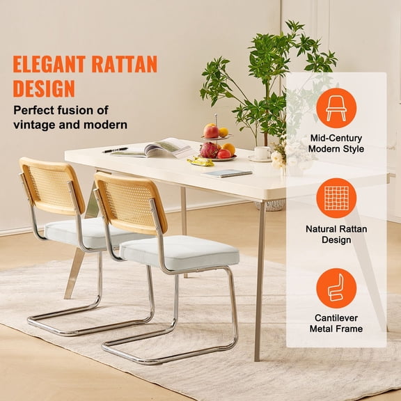 Set of 2 Mid-Century Modern Dining Chairs with Velvet Upholstery and Rattan Back, Retro Accent Chairs for Dining Room, Kitchen, Living Room, Bedroom, Office (18.1 Inch Wide)