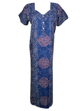 Mogul LADIES Printed Cotton Nightwear House Dress Blue Womens Sleepwear Cover Up Maxi Caftan L