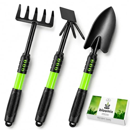 Bloomix Set of 3 Black Stainless Steel Gardening Tools Set – Heavy Duty Hand Trowel, Hand Rake & Hoe Cultivator with Soft-Grip Ergonomic Handles – Durable Garden Tool Kit for Plant Care and Soil Work