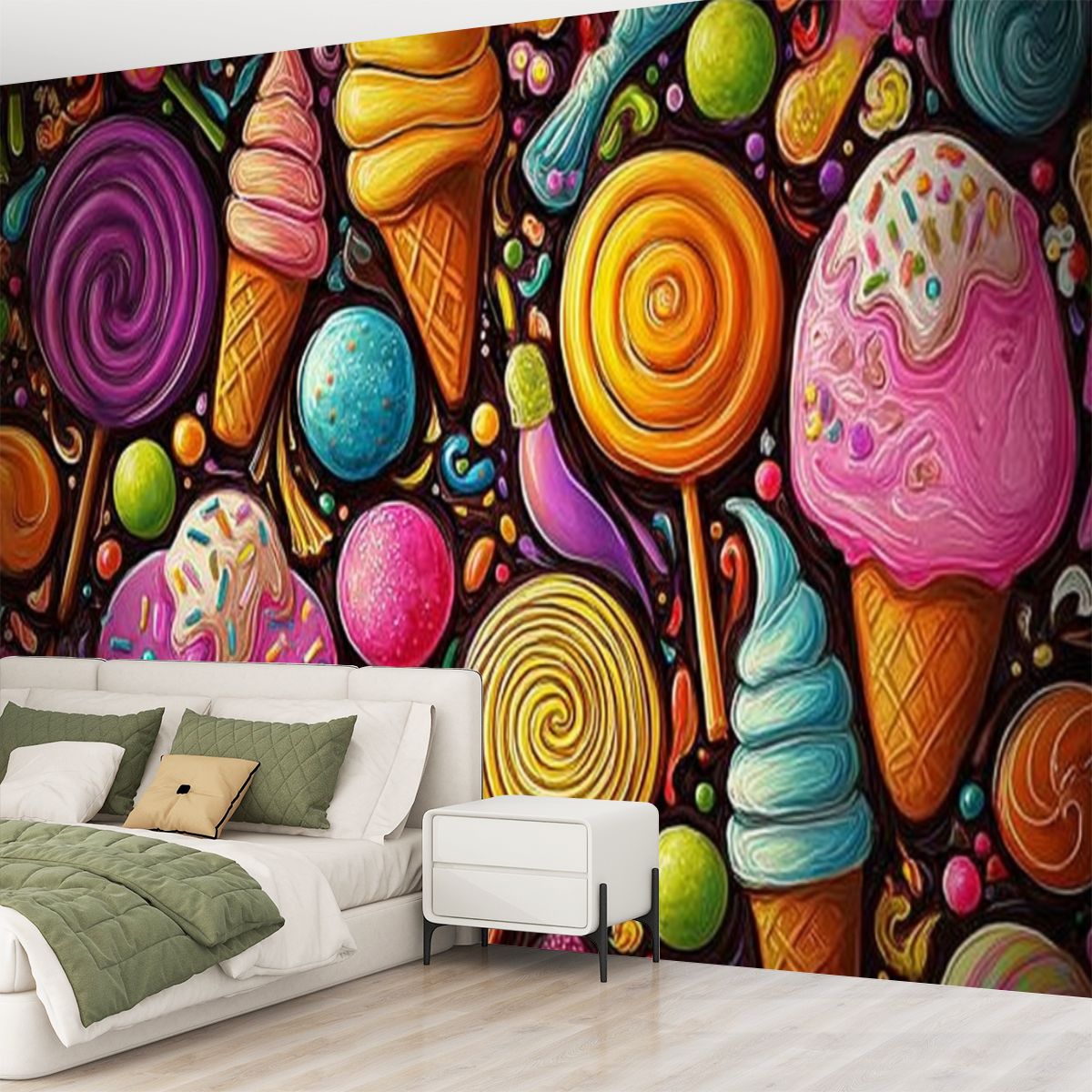 Peel and Stick Wallpaper Cartoon Hand Drawn Ice Cream Doodles Cones Cupcakes Lollipops Modern Art Wall Mural Decor Self Adhesive and Removable 69in x 98in