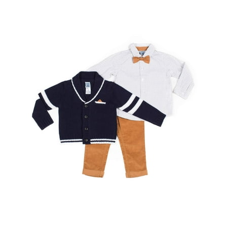Mickey Knit Baby Outfits Little Lad Baby Boy Cable Knit Cardigan, Checkered Long Sleeve, Twill Pant & Bowtie 3pc Outfit Set ()