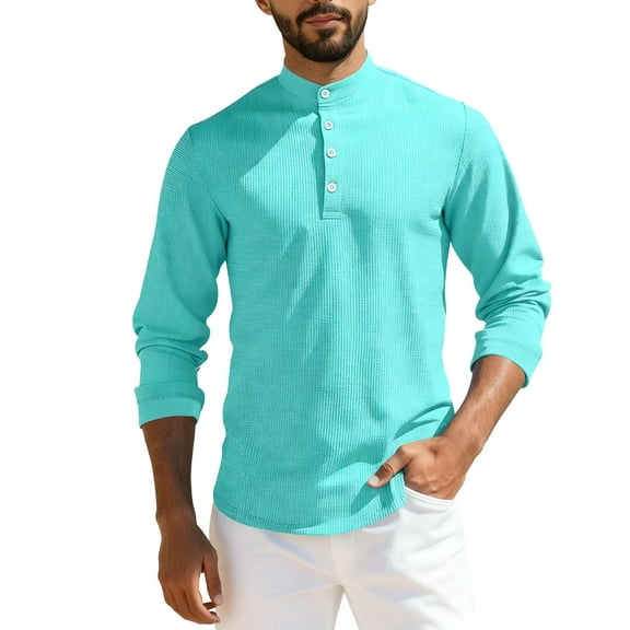 USNSM Men's Waffle Henley Shirts Long Sleeve Button T-Shirt Top Solid Color Casual Stylish Lightweight Pullover Shirt Green XXXL