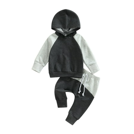 

wybzd Autumn Causal Baby Boys 2pcs Clothes Sets Color Patchwork Long Sleeve Pullover Hooded Tops+Elastic Pants Gray Black 6-12 Months