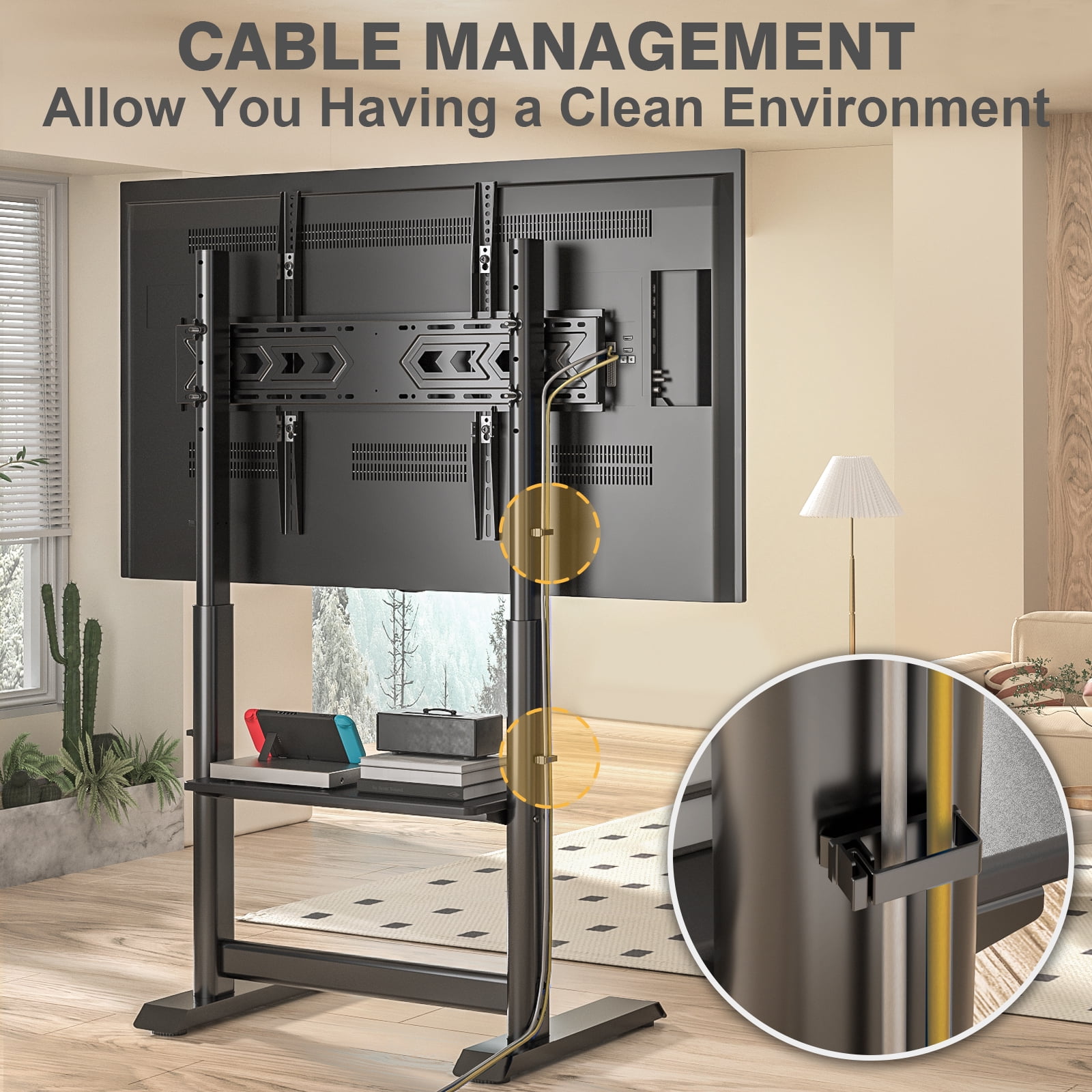 RTVR Floor TV Cart Stand with Mount for 55 to 100 inch Screens up to 150 lbs Heavy Duty Conner TV Stand, Black