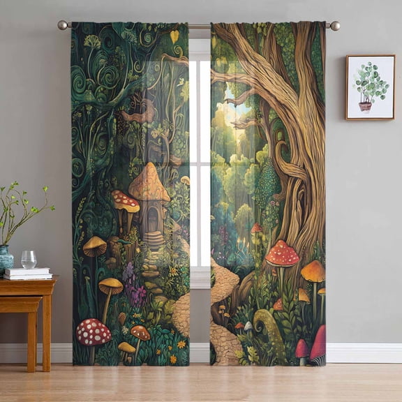 Forest Sheer Curtains 72 Inch Length 2 Panels Set for Living Room/Bedroom, Vintage Cottage Mushroom Tree Floral Green Semi Curtain Sheers Drapes Rod Pocket Curtains Window Treatment Set 52''x72''x2