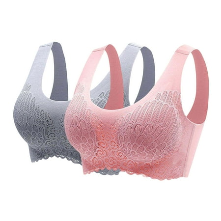 WIZUTIZ Bralettes for Women Lace Girls Tank Tops 2PCS Supportive Bras Wireless Posture Correcting Lightly Lined Full Coverage Brassiere Solid Hollow Out Underwear for Older Women Cycling L Pink