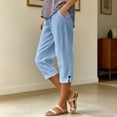 thumbnail image 2 of Shadoumai Capri Pants for Women Summer Casual Cropped Linen Pants Pull on Elastic Waist Side Pockets Bottoms Button Hem Trousers, 2 of 6