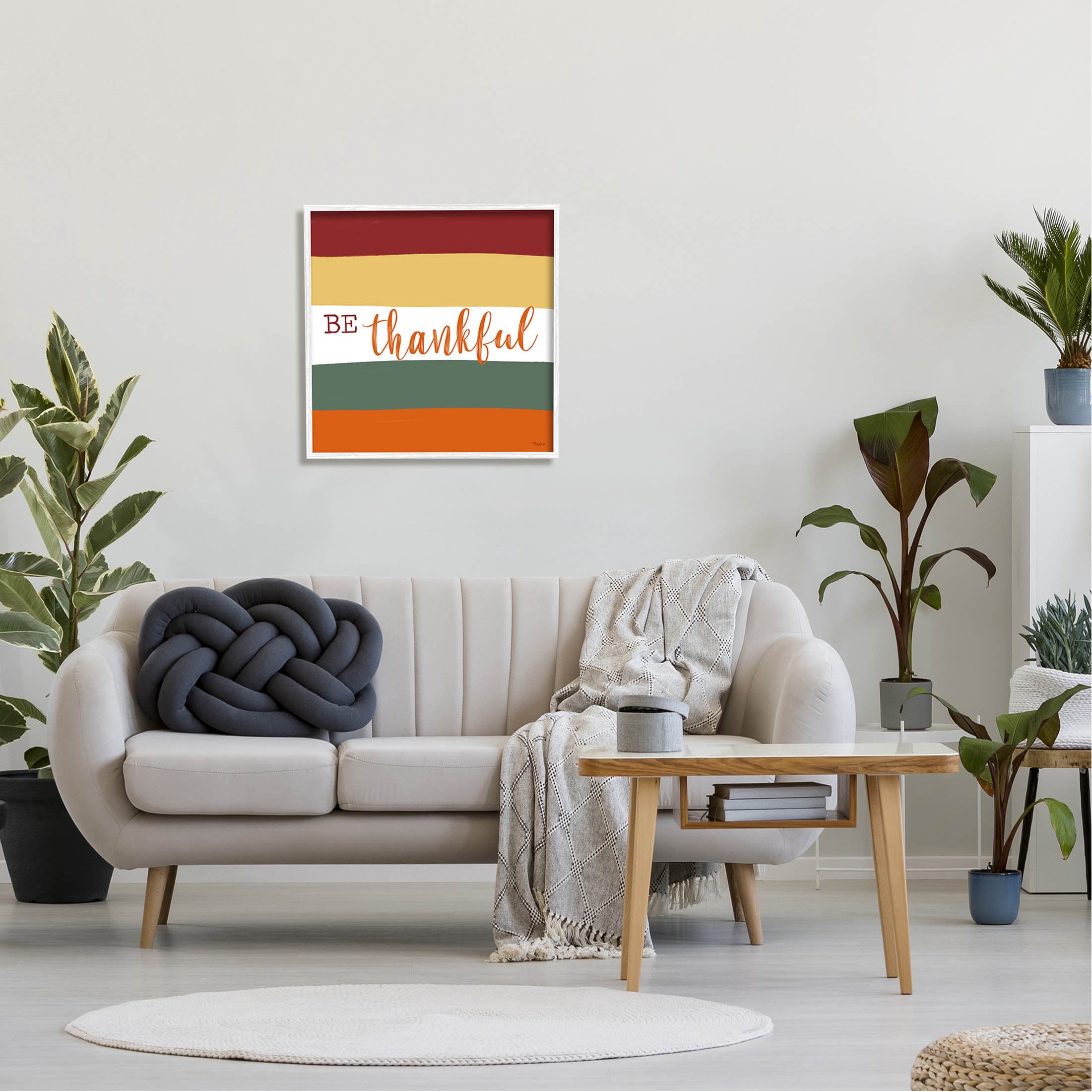 Stupell Industries Be Thankful Autumn Stripes Graphic Art White Framed Art Print Wall Art, Design by Gigi Louise