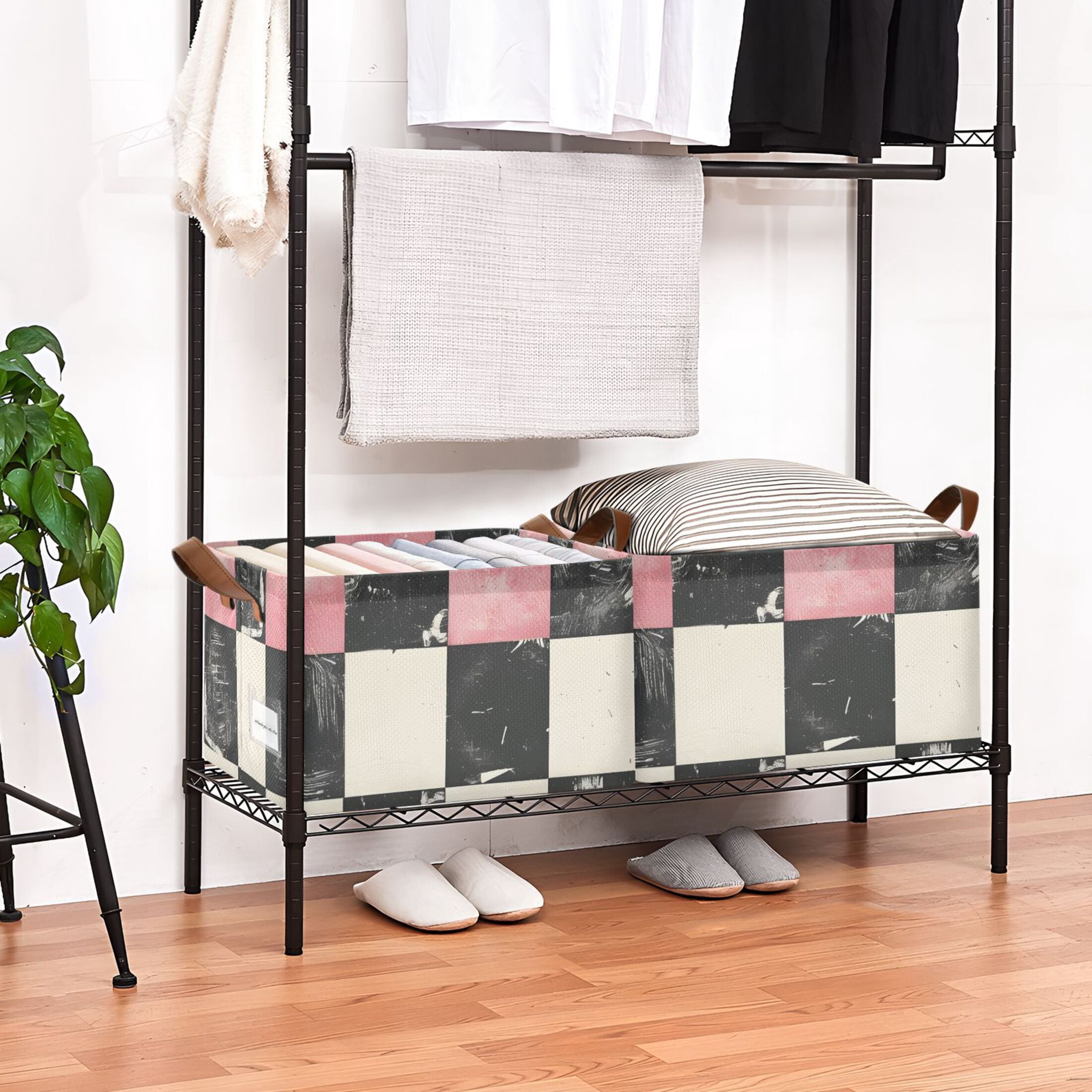 Ryvnso Pink and Black Checkered Pattern Storage Bins Large Basket Foldable Cube Toys Organizer with Handles 2 PCs