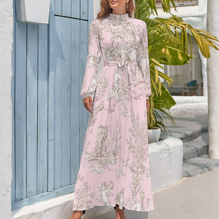French Country Pink Toile Long Dress dresses with long sleeves
