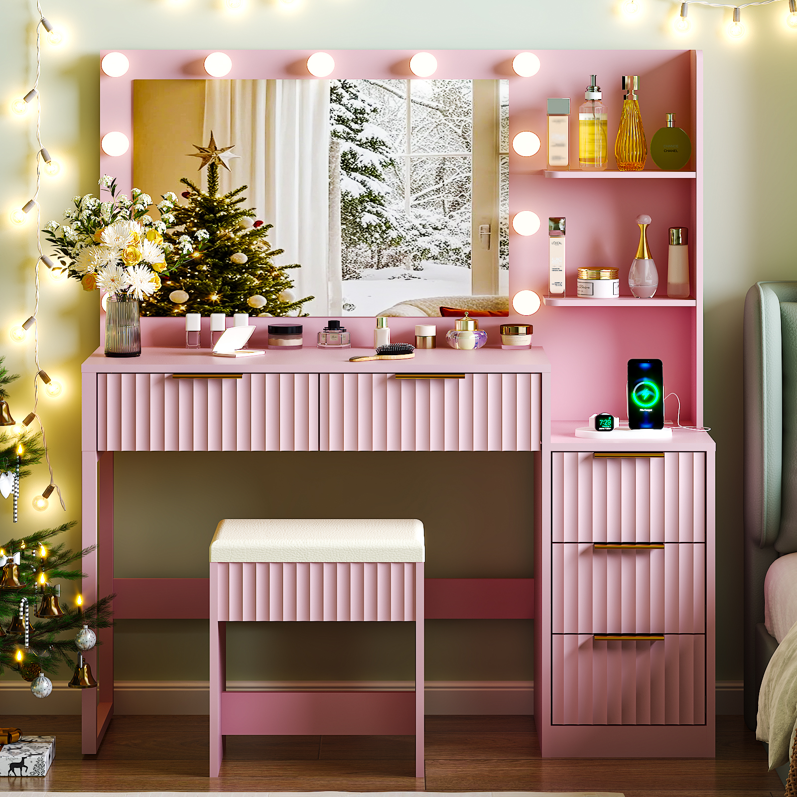 Ktaxon Flutted Makeup Vanity Table Set with 5 Drawer, Dressing Table w/Charging Station, Vanity Desk for Femal Gift, Pink