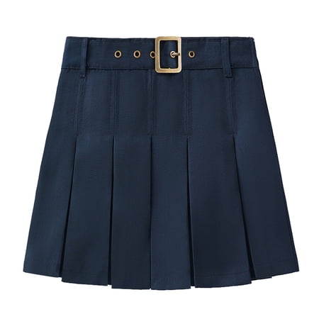 SERTG Kids Girls Solid Color School Skirt Elastic Waist Adjustable Belt Pleated Back to Season Student Wear Casual Outfit Girls Uniform Skirt(Navy 11-12 Years)