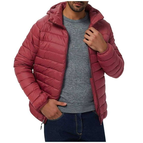 Men's Puffer Jacket Lightweight Packable Hooded Quilted Jacket Windproof Thermal Winter Jackets Urban Commute Travel Outerwear,Wine,L