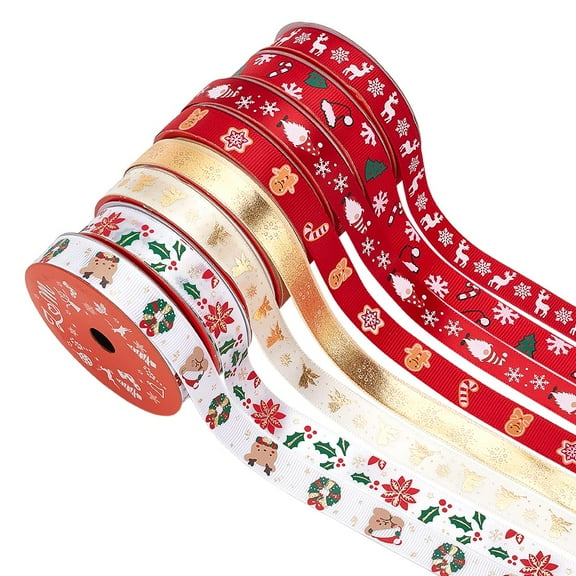 Colorful PH 8 Styles Christmas Grosgrain Fabric Ribbon 40 Yards x 5/8 Inch Red Gold with Snowflake for Gift Wrapping Crafts Hair Bows Xmas Decor