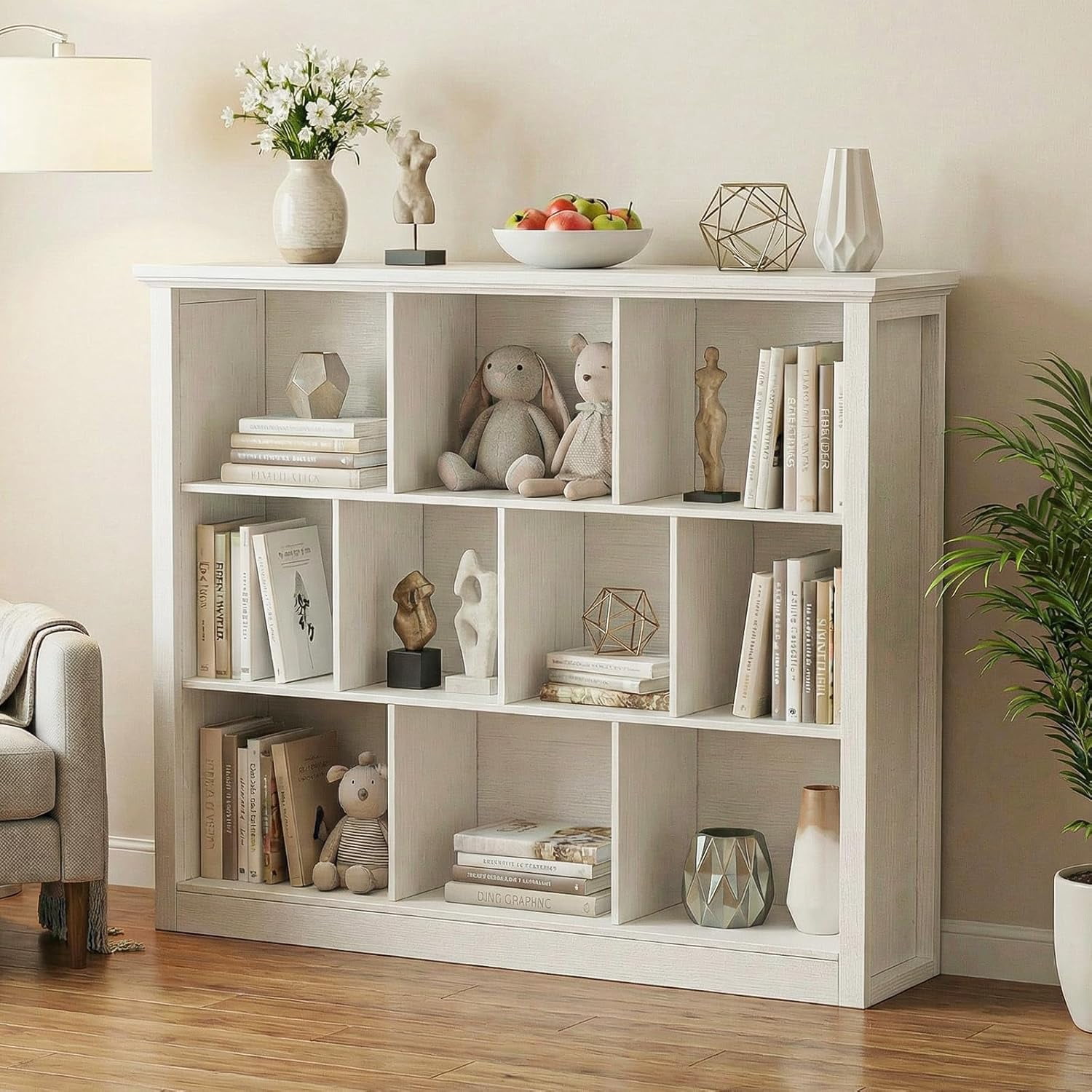 Homieasy 50" Wood Cube Storage Organizer, 10 Cube Storage Book Shelf, Wooden 3 Tiers Floor Standing Low Bookcase for Living Room, Bedroom, Home Office, Kids Room, White