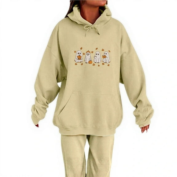 WTOBBY Women's Printed Hooded Sweatshirt and Sweatpants Set, Halloween Themed Graphic Lounge Wear Two Piece Outfit for Seasonal Party,Beige L