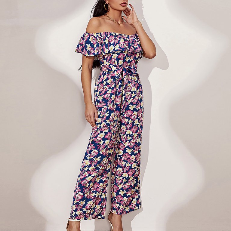 Gaecuw Jumpsuits for Women Dressy Short Sleeve Off the Shoulder Strapless  Overall Band Collar Floral Printed Onesie One Piece Outfits Boho Long Pants