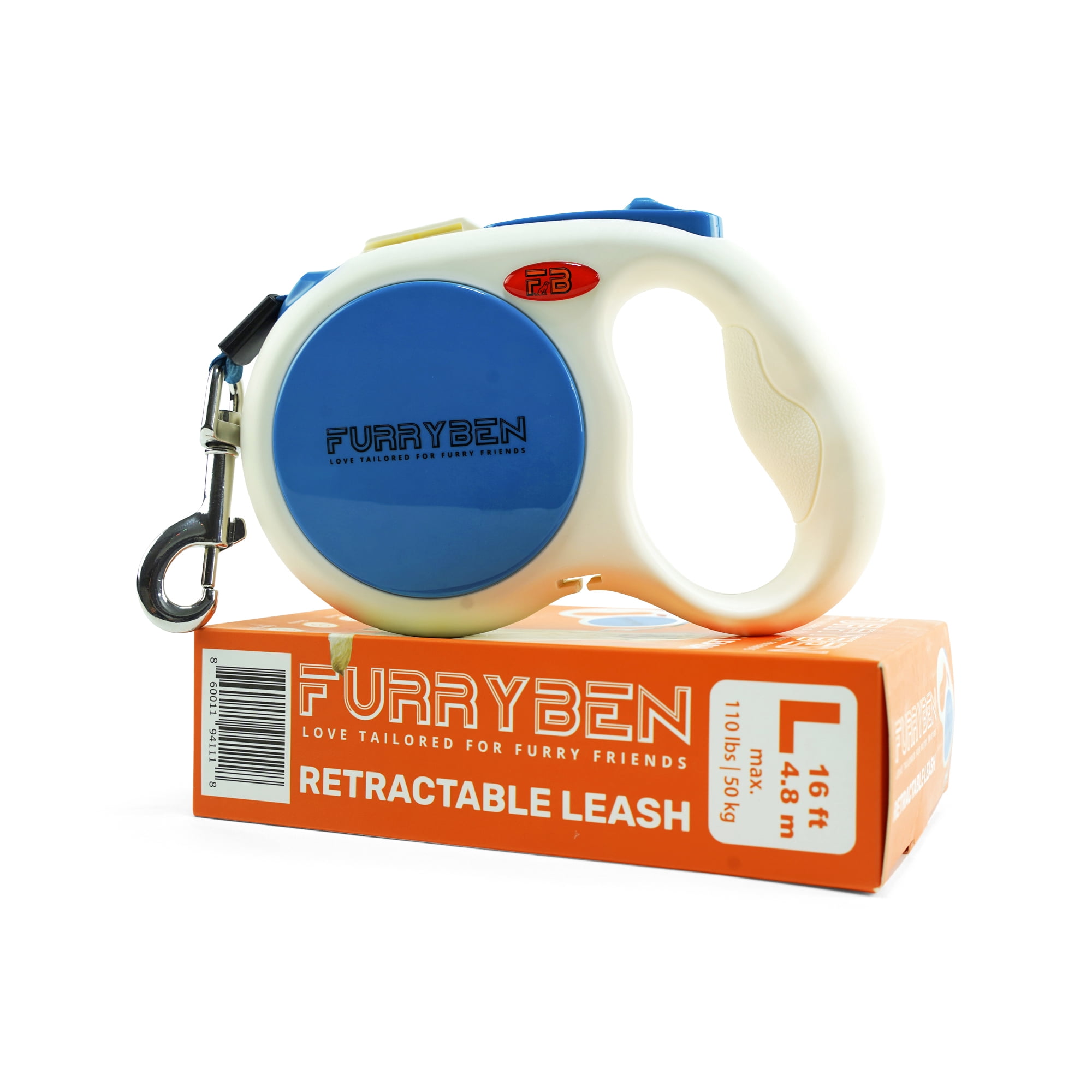 FURRYBEN Retractable Dog Leash | 16 ft Strong Nylon Tape | One-Click Brake, Pause, Lock (Blue)